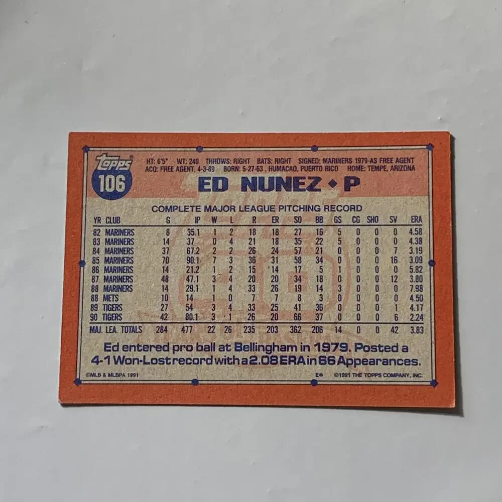 1991 Topps Ed Nunez Detroit Tigers Baseball Card #106‎